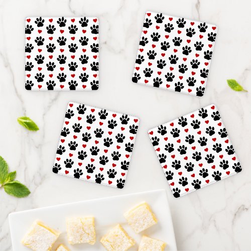 Pattern Of Paws Dog Paws Black Paws Red Hearts Coaster Set