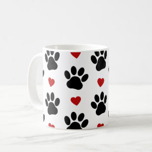 Pattern Of Paws, Dog Paws, Black Paws, Red Hearts Coffee Mug