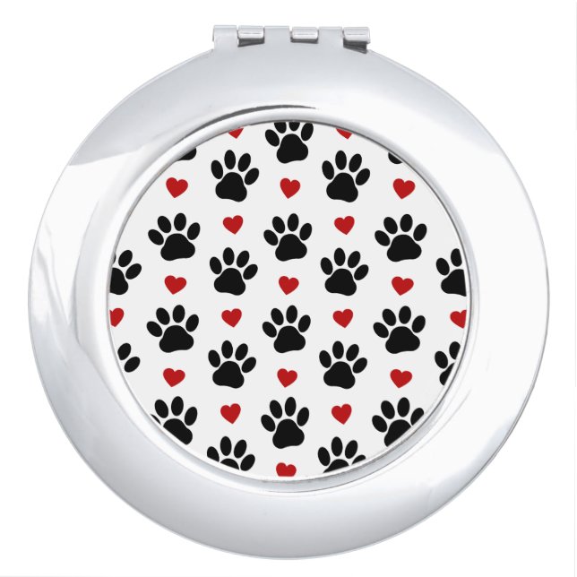 Pattern Of Paws, Dog Paws, Black Paws, Red Hearts Compact Mirror (Front)