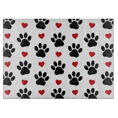 Pattern Of Paws Dog Paws Black Paws Red Hearts Cutting Board