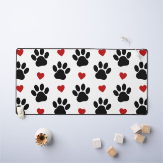 Pattern Of Paws, Dog Paws, Black Paws, Red Hearts Desk Mat