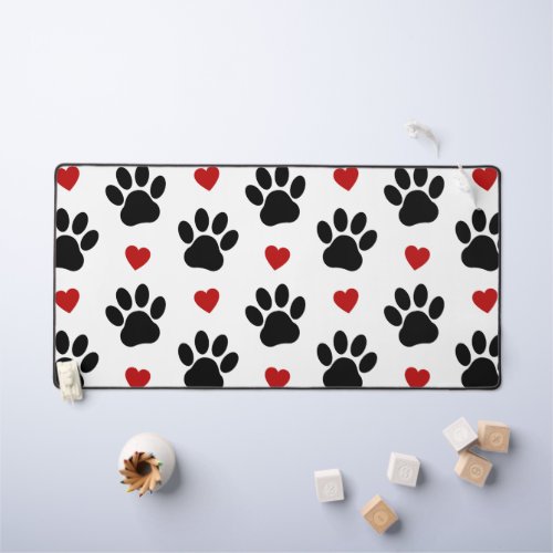Pattern Of Paws Dog Paws Black Paws Red Hearts Desk Mat