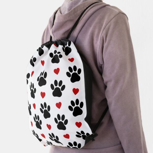 Pattern Of Paws Dog Paws Black Paws Red Hearts Drawstring Bag