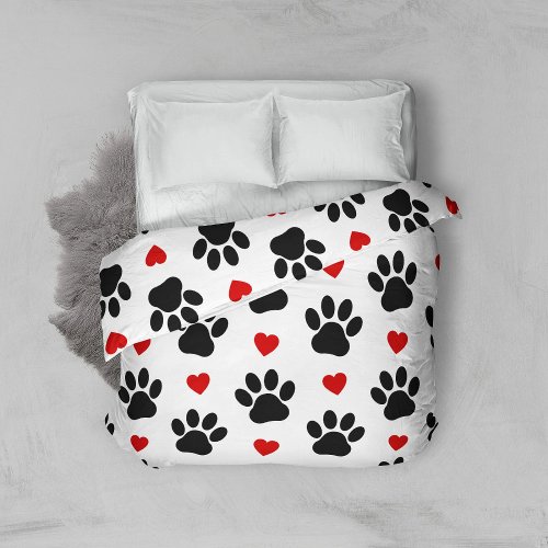 Pattern Of Paws Dog Paws Black Paws Red Hearts Duvet Cover