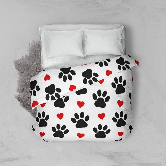 Pattern Of Paws, Dog Paws, Black Paws, Red Hearts Duvet Cover (Creator Uploaded)