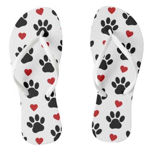 Pattern Of Paws Dog Paws Black Paws Red Hearts Flip Flops