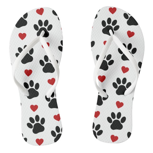 Pattern Of Paws, Dog Paws, Black Paws, Red Hearts Flip Flops (Footbed)