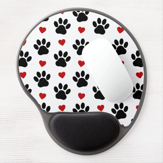 Pattern Of Paws, Dog Paws, Black Paws, Red Hearts Gel Mouse Pad (Left Side)