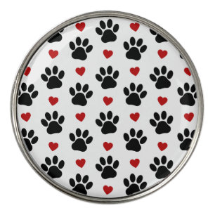 Pattern Of Paws, Dog Paws, Black Paws, Red Hearts Golf Ball Marker