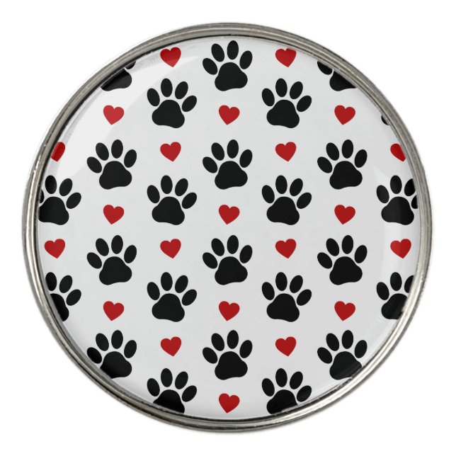 Pattern Of Paws, Dog Paws, Black Paws, Red Hearts Golf Ball Marker (Front)