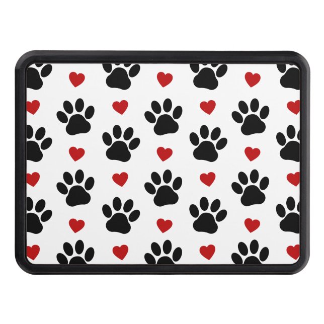 Pattern Of Paws, Dog Paws, Black Paws, Red Hearts Hitch Cover (Front)