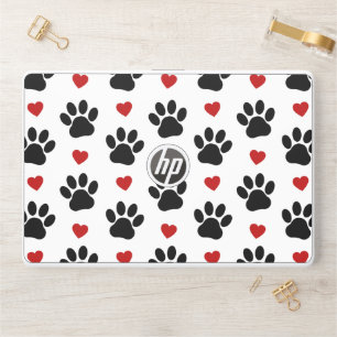Pattern Of Paws, Dog Paws, Black Paws, Red Hearts HP Laptop Skin