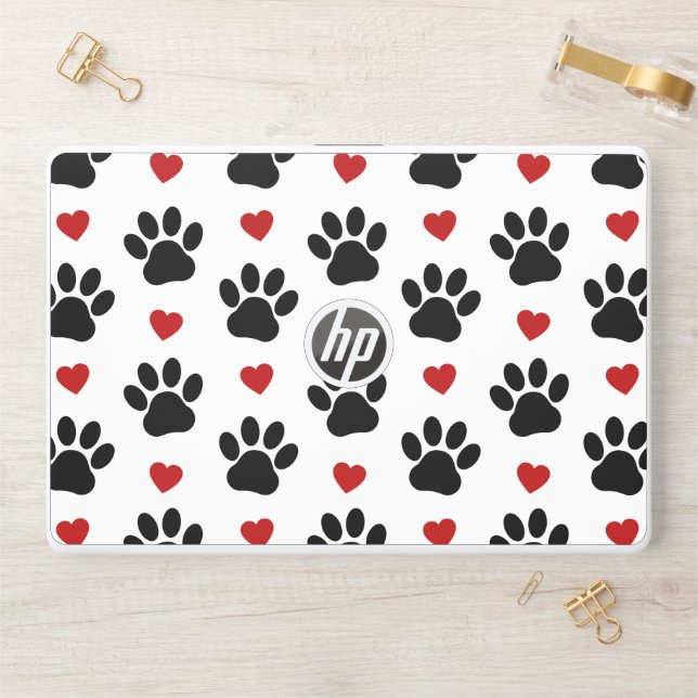 Pattern Of Paws, Dog Paws, Black Paws, Red Hearts HP Laptop Skin (Desk)