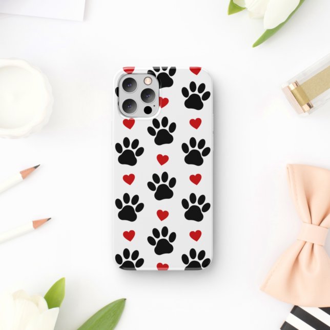 Pattern Of Paws, Dog Paws, Black Paws, Red Hearts iPhone Case (Creator Uploaded)