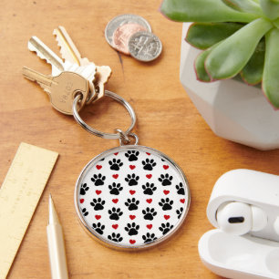 Pattern Of Paws, Dog Paws, Black Paws, Red Hearts Keychain