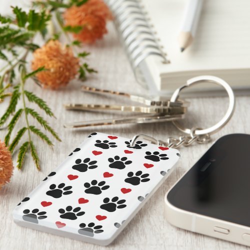 Pattern Of Paws Dog Paws Black Paws Red Hearts Keychain