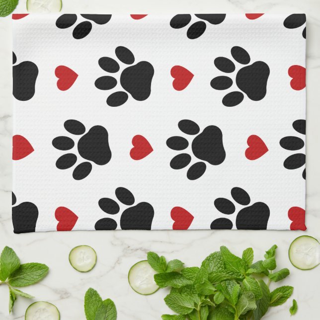 Pattern Of Paws, Dog Paws, Black Paws, Red Hearts Kitchen Towel (Folded)