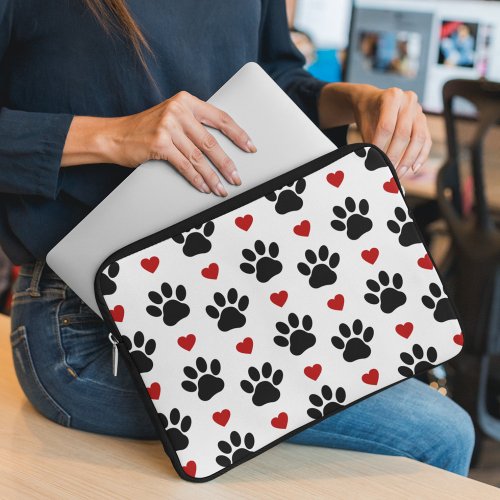 Pattern Of Paws Dog Paws Black Paws Red Hearts Laptop Sleeve