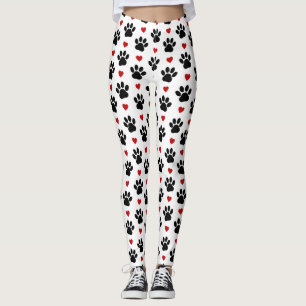 Pattern Of Paws, Dog Paws, Black Paws, Red Hearts Leggings