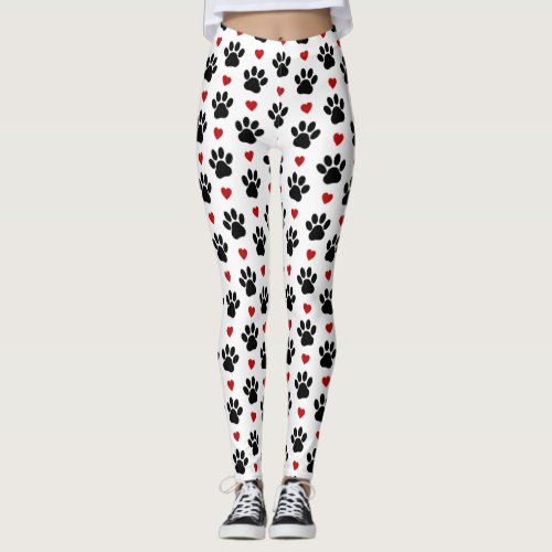 Pattern Of Paws Dog Paws Black Paws Red Hearts Leggings