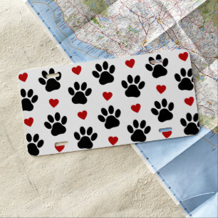 Pattern Of Paws, Dog Paws, Black Paws, Red Hearts License Plate