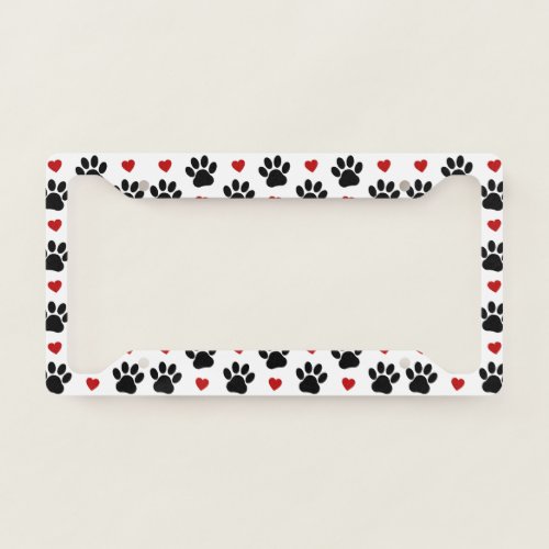 Pattern Of Paws Dog Paws Black Paws Red Hearts License Plate Frame