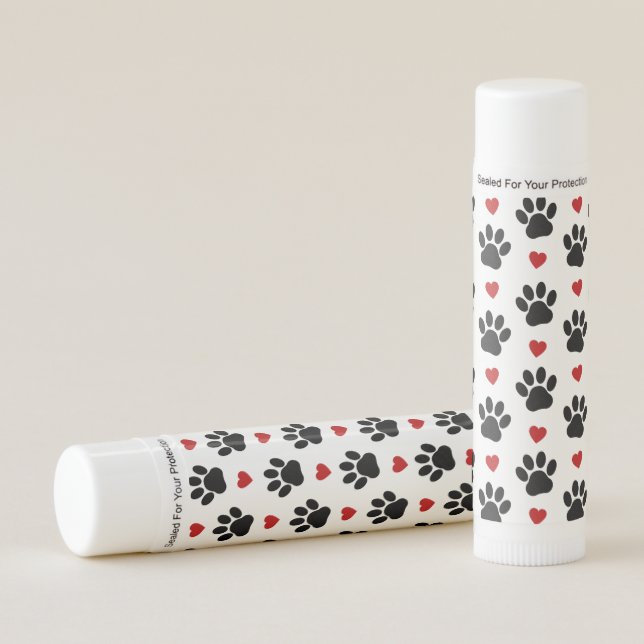 Pattern Of Paws, Dog Paws, Black Paws, Red Hearts Lip Balm (Front)