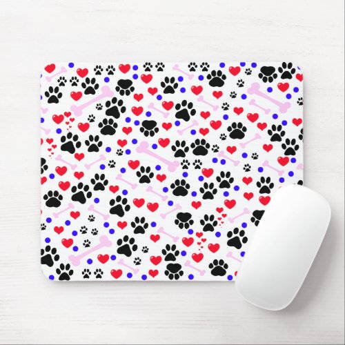 Pattern Of Paws Dog Paws Black Paws Red Hearts Mouse Pad