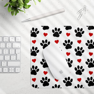 Pattern Of Paws, Dog Paws, Black Paws, Red Hearts Mouse Pad