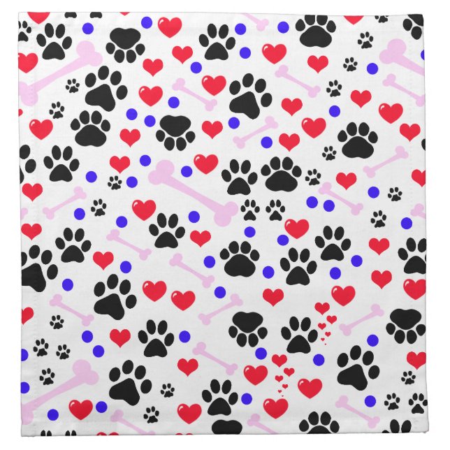 Pattern Of Paws, Dog Paws, Black Paws, Red Hearts Napkin (Front)