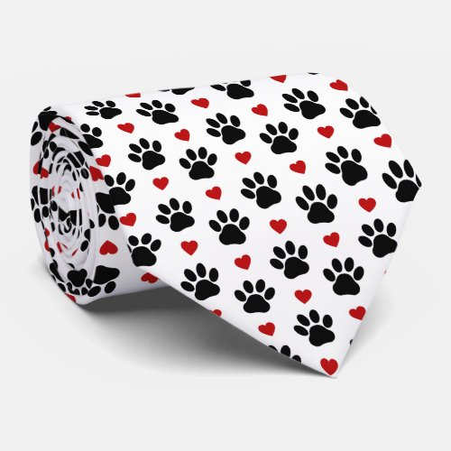 Pattern Of Paws Dog Paws Black Paws Red Hearts Neck Tie