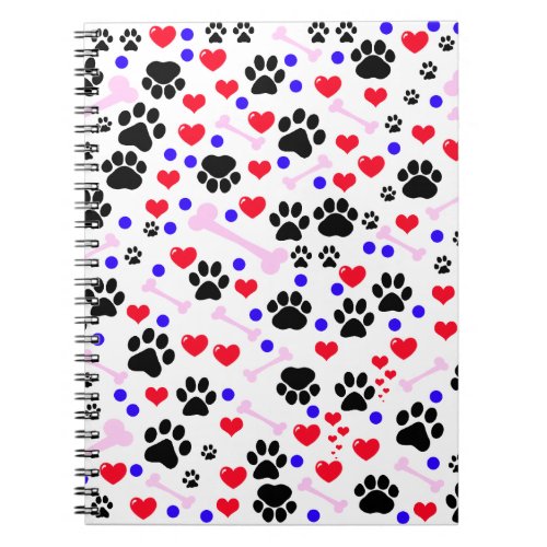 Pattern Of Paws Dog Paws Black Paws Red Hearts Notebook