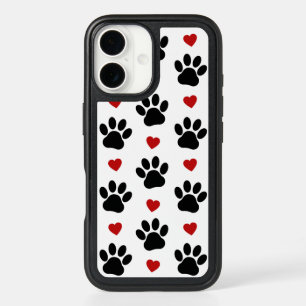 Pattern Of Paws, Dog Paws, Black Paws, Red Hearts iPhone 16 Case