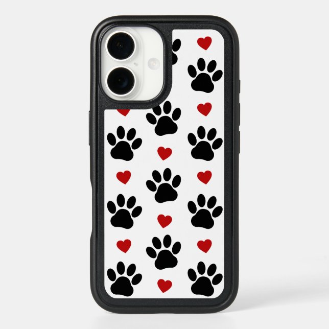 Pattern Of Paws, Dog Paws, Black Paws, Red Hearts Otterbox iPhone Case (Back)