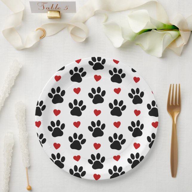 Pattern Of Paws, Dog Paws, Black Paws, Red Hearts Paper Plates (Wedding)