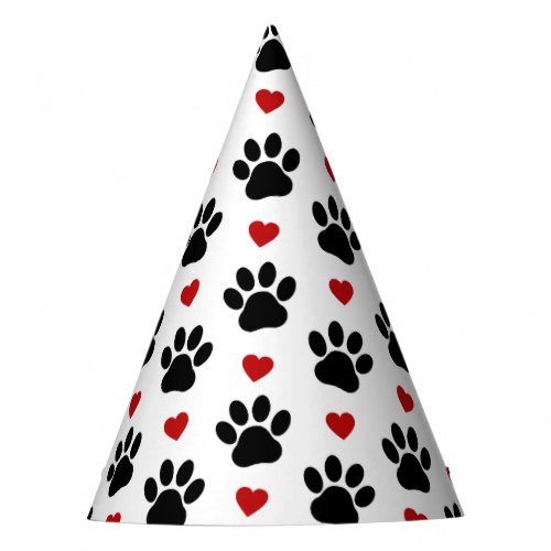 Pattern Of Paws Dog Paws Black Paws Red Hearts Party Hat