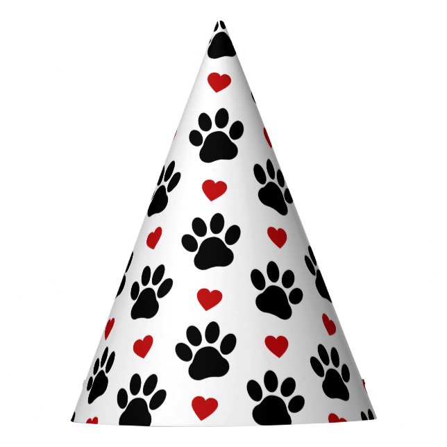 Pattern Of Paws, Dog Paws, Black Paws, Red Hearts Party Hat (Front)