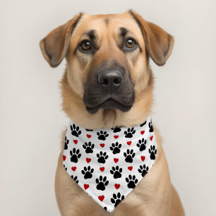 Pattern Of Paws, Dog Paws, Black Paws, Red Hearts Pet Bandana Collar