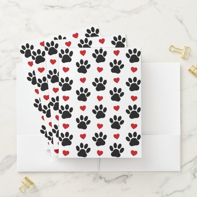 Pattern Of Paws, Dog Paws, Black Paws, Red Hearts Pocket Folder (In Situ)