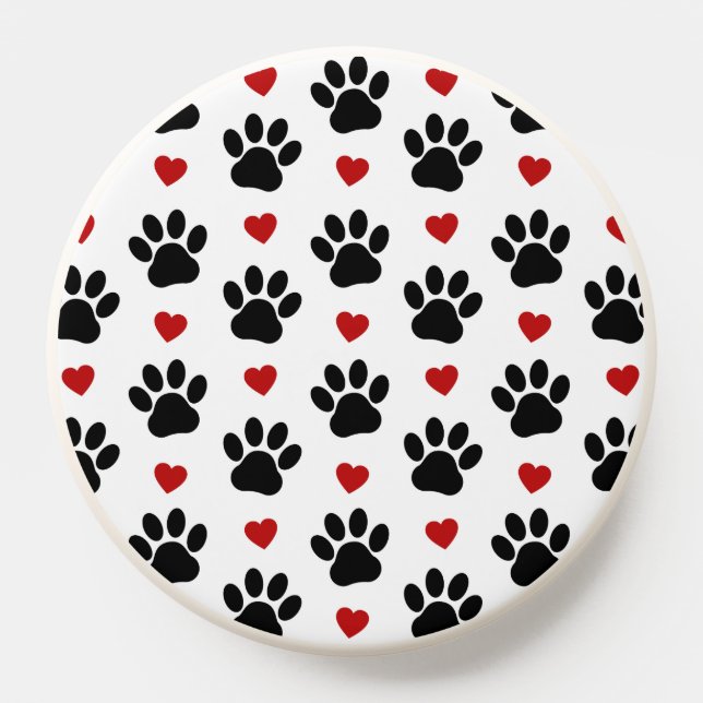 Pattern Of Paws, Dog Paws, Black Paws, Red Hearts PopSocket (Popsocket)