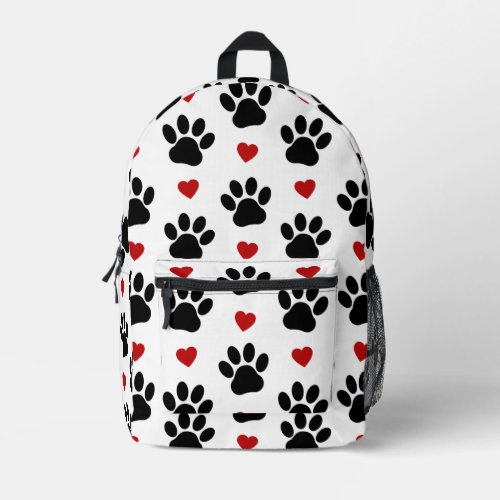 Pattern Of Paws Dog Paws Black Paws Red Hearts Printed Backpack
