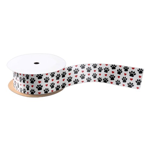 Pattern Of Paws Dog Paws Black Paws Red Hearts Satin Ribbon