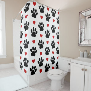 Pattern Of Paws, Dog Paws, Black Paws, Red Hearts Shower Curtain