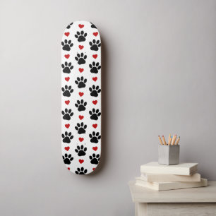 Pattern Of Paws, Dog Paws, Black Paws, Red Hearts Skateboard