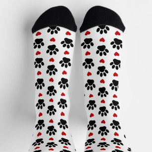 Pattern Of Paws, Dog Paws, Black Paws, Red Hearts Socks