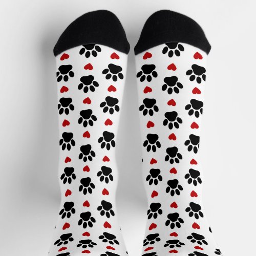 Pattern Of Paws Dog Paws Black Paws Red Hearts Socks