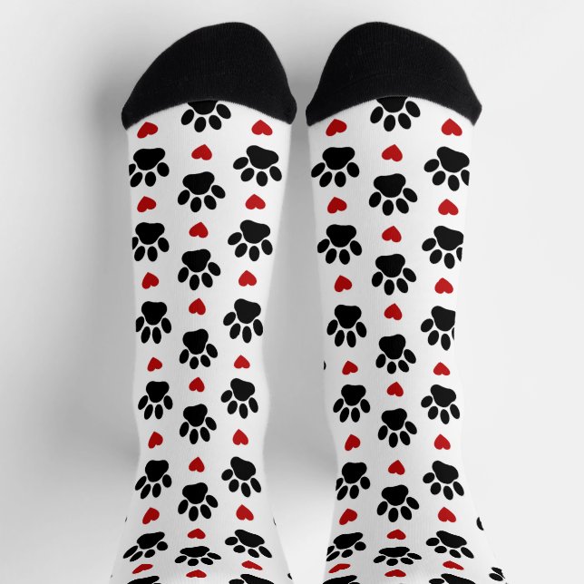 Pattern Of Paws, Dog Paws, Black Paws, Red Hearts Socks (Top)
