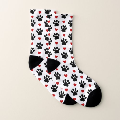 Pattern Of Paws Dog Paws Black Paws Red Hearts Socks