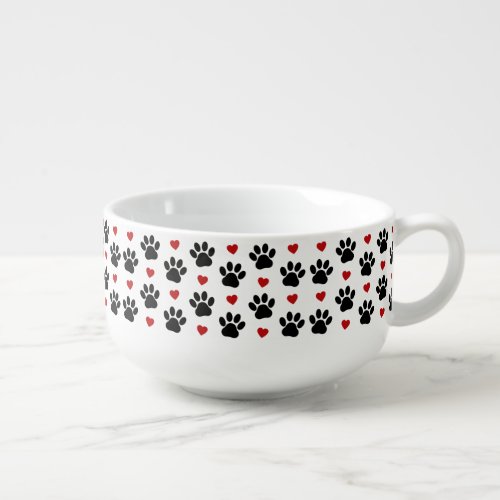 Pattern Of Paws Dog Paws Black Paws Red Hearts Soup Mug