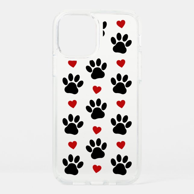 Pattern Of Paws, Dog Paws, Black Paws, Red Hearts Speck iPhone 12 Case (Front)